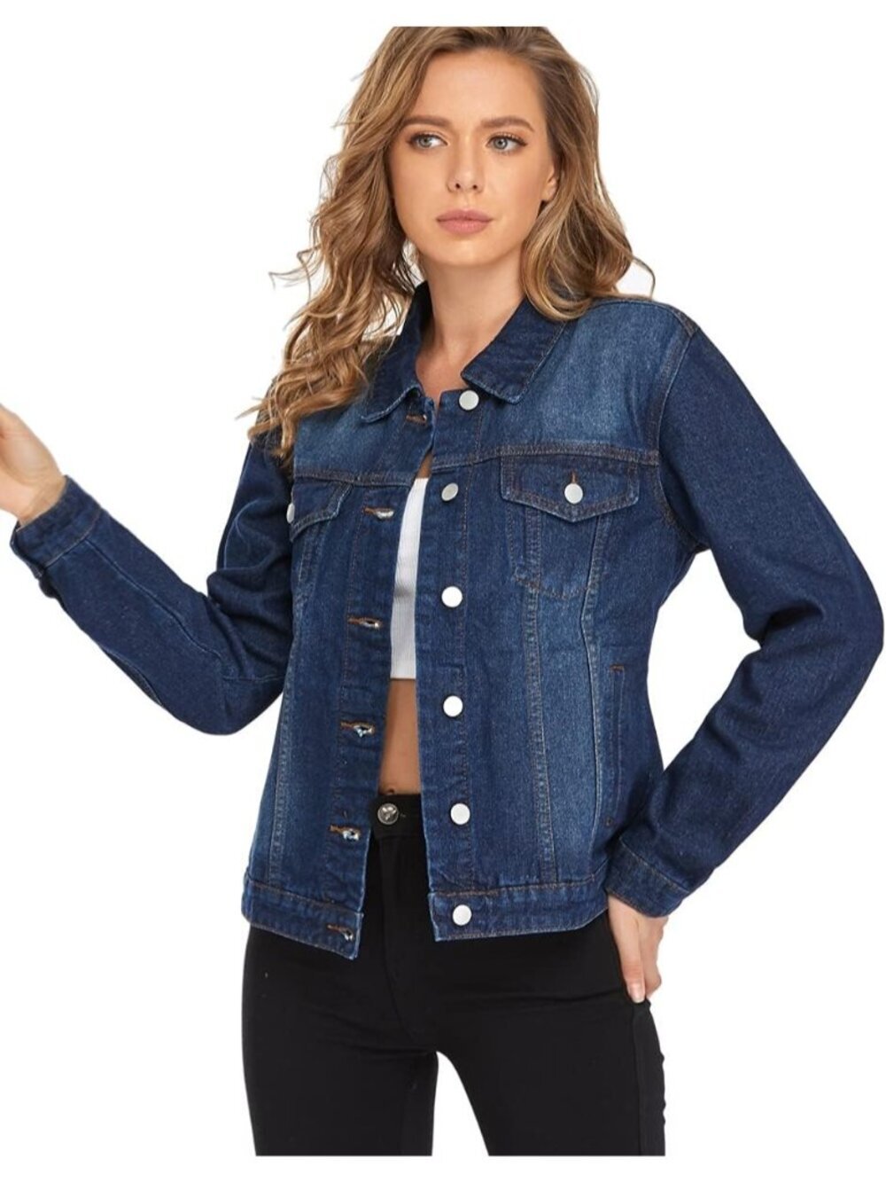 Women's Dark Blue Classic Jean Basic Long Sleeve Button Down Denim Jackets